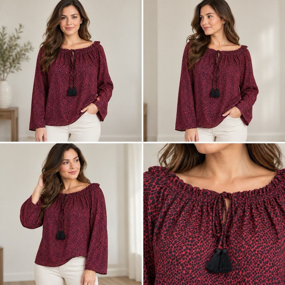 MICHAEL Michael Kors Blouse Womens Medium Red Black Animal Print Tassel